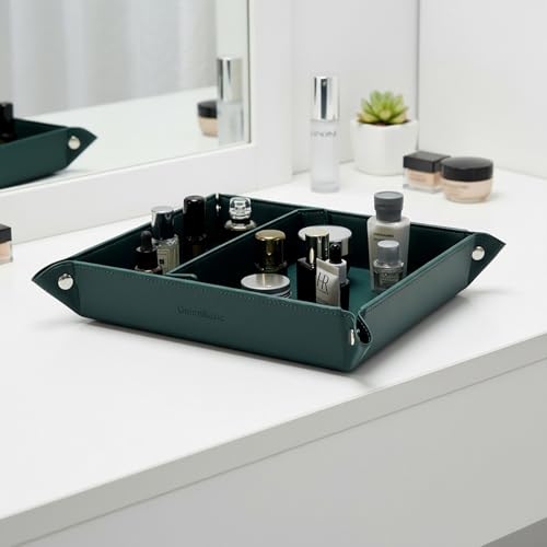 UnionBasic Medium Valet Tray, Jewelry Tray for Rings Watches Earrings, Entryway Catchall Caddy for Coins Keys Change, Nightstand Bedside Valet Holder, Trays for Electronic Gadgets, Vintage Green Plus - color: Blackish Green, size: 9.5" x 7.9" x 2"