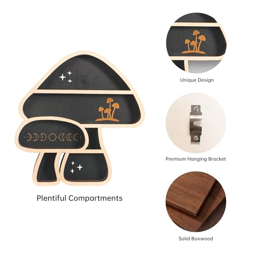 Cute Mushroom Decor, Wooden Floating Mushroom Shelf for Wall, Crystal Display Shelf Rock Gem Stone Display Shelf Wall Mounted - color: 2 Mushrooms