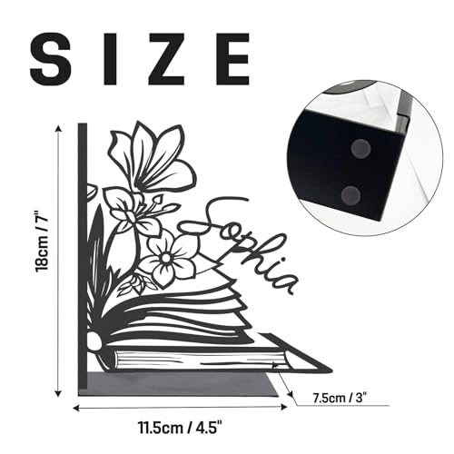 Personalized Flower Book Ends for Shelves 2 Pcs, Custom Name Metal Book Holders, Unique Bookends for Heavy Books, Non-Slip Book Stopper, Home Office Desk Bookshelf Decor, Customized Gifts - color: Color08 Flower&book