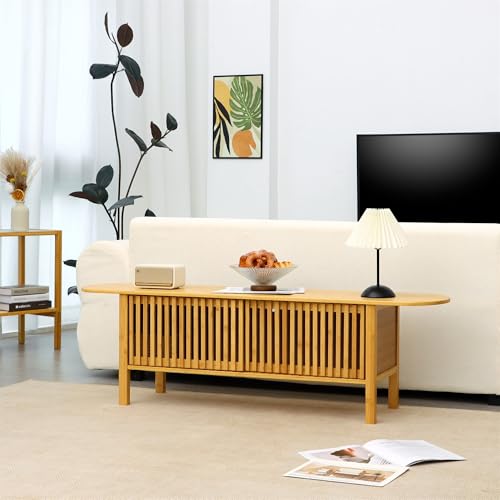 Bamboo TV Stand for TVs up to 65", Accent Entertainment Center with Storage, Media Console Table with Fence Door, Modern TV Stand for Living Room, Bedroom, 55"(L), Burlywood - color: Burlywood Fence Door