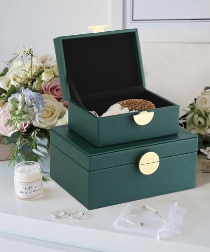 HofferRuffer Faux Leather Jewelry Boxes, Decorative Boxes Storage Accessory Organizer with Gold Hardware Decor, Classic Vegan Leather Set of 2 Pieces (Green) - color: Green