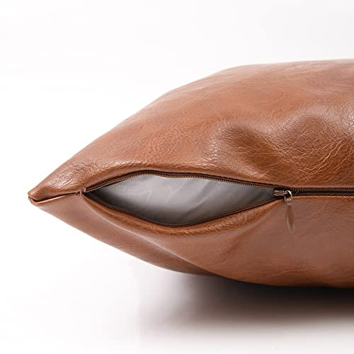 Fancy Homi 2 Packs Brown Boho Long Lumbar Faux Leather Decorative Throw Pillow Covers 14x20 Inch for Couch Bed Sofa, Hand Stitched Rectangle Cushion Case, Rustic Modern Farmhouse Home Decor - color: Brown, size: 20" x 14" (Pack of 2)