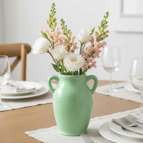 Sunddo Green Ceramic Flower Vase for Home Decor - 8 Inch Modern Decorative Vase with 2 Handles, Centerpieces, Kitchen, Dining Table, Bathroom, Shelf and Living Room - color: Mint Green - 8, size: 8 Inch