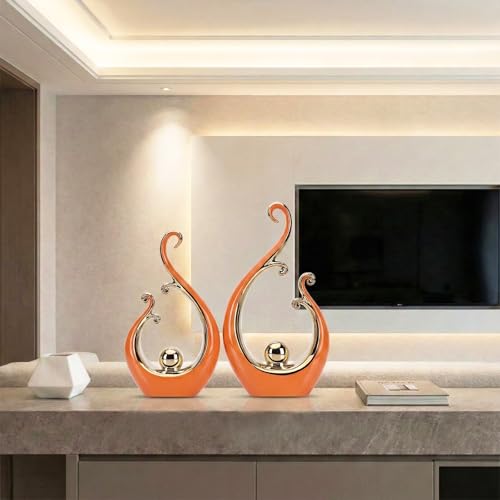 LCCCK Glossy Orange and Gold Decor Ceramic Statue, Modern Abstract Sculpture Art for Luxury Centerpiece - Shelves Bookshelf&Dining Table Decorations, Entryway Coffee Table Tv Stand Home Decor - color: Orange Gold