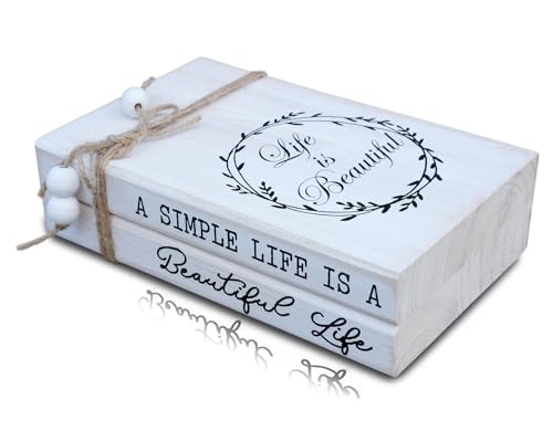 LIVDUCOT Decorative Books for Home, White Faux Books for Decoration, Rustic Farmhouse Display Wood Book Stack Coffee Table Decor Set of 2 (A Simple Life Is A Beautiful Life) - color: Life is beautiful