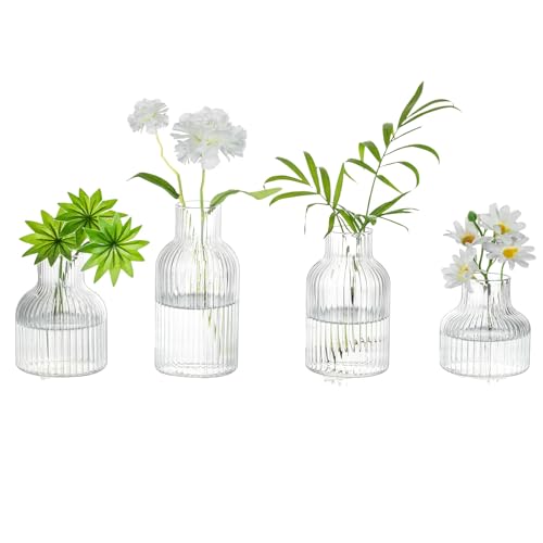 Glasseam Glass Bud Vases for Centerpieces: Modern Small Flower Vase Set of 4 for Home Decor - Clear Mini Table Centerpieces for Minimalist Living Room Shelf Kitchen Wedding Party Decorations - color: Clear- Narrow Ribbed