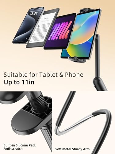 SAIJI 47" Gooseneck Kindle Holder, Tablet Holder for Bed with Upgraded Base, iPad Stand with Flexible Lazy Arm, Compatible with iPad mini Pro Air, Kindle, Galaxy or Other 4.7-11" Device (Black) - color: Black