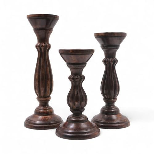 Hosley Set of 3 Dark Brown Wood Pillar Candle Holders 13 Inches 11 Inches and 9 Inches High Ideal for LED and Pillar Candles Gifts for Weddings Party Home Spa Reiki Aromatherapy - color: Dark Brown 1