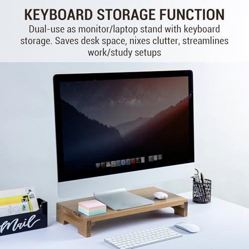 MyGift Premium Acacia Solid Wood Desk Monitor Stand, Laptop Riser & Keyboard Storage – Wooden Desktop Organizer for Screen Display and Workspace Organization