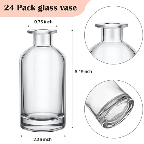 Mimorou 24 Pack Clear Glass Bud Vases Bulk Small Vintage Glass Bottles for Rustic Wedding Centerpieces, Table Decor, Flower Arrangements Mini Floral Vases for Home Party, Reception(2.36 x 5.2 in) - size: 2.36 x 5.2 In