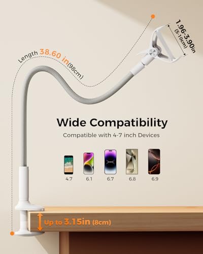 SAIJI Gooseneck Phone Stand for Bed, Lazy Bracket Cell Phone Holder Long Arm Clip Clamp Mount for Filming, Compatible with 4-7'' Mobile Cell Phone Stand Document Camera Nintendo Switch(Grey) - color: Gray, size: 33.5 in