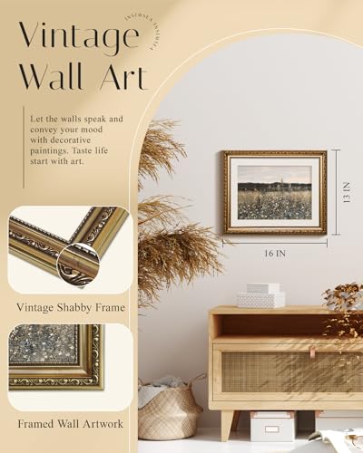 InSimSea Gold Picture Framed Wall Art, Living Room Bathroom Vintage Meadow with Flowers Pictures Wall Decor, Canvas Print Art, Home Farmhouse Decor, Antique Paintings with Frames 13x16inch - color: Champ Fleuri, size: 16"L x 13"W