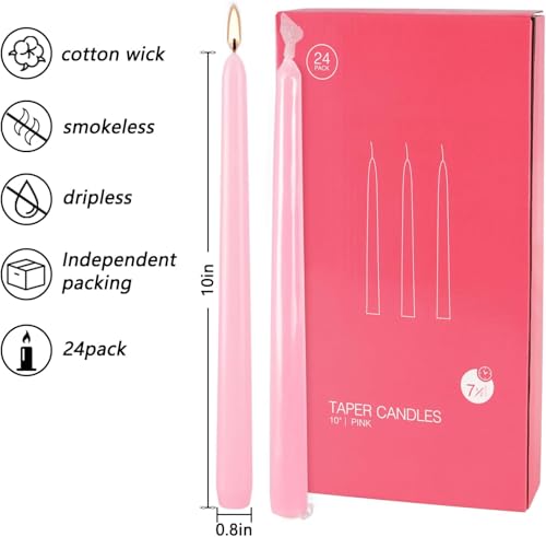 YOROXRG 24 Pack Pink Taper Candles, 7-8 Hours Burn Time, Unscented, Smokeless and Dripless, 0.75 x 10 Inch Dinner Candle Set for Valentine's Day,Household, Wedding, Party and Home Décor Candlesticks - color: Pink-24