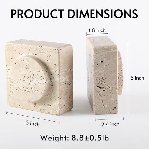 Koville Marble Square Book Ends, Heavy Duty Book Holders, Bookends for Shelves, Office Bookshelf Decor for CDs/Video Games(Travertino Romano)