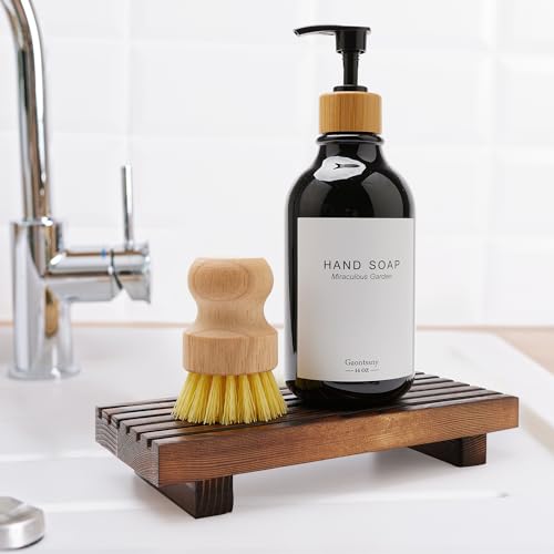 Renawe Small Kitchen Sink Soap Tray for Counter Soap Dish Dispenser Holder Wooden Risers Stand for Bathroom Decor Farmhouse Wood Pedestal Kitchen Accessories Countertop Vanity Counter Decorative Tray - color: Brown, size: 8.7x4 inch