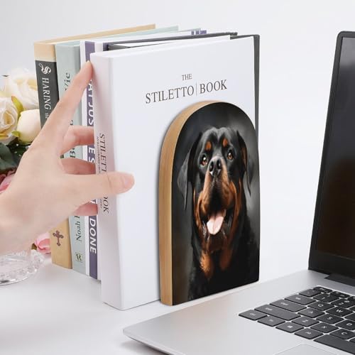 Cool Rottweiler Dog Art Bookend for Shelves Study Wood Bookend Support Heavy Duty Book End Non-Skid Decorative Book Stopper Book Organizer for Home Office Desktop Organizer 1 Pairs
