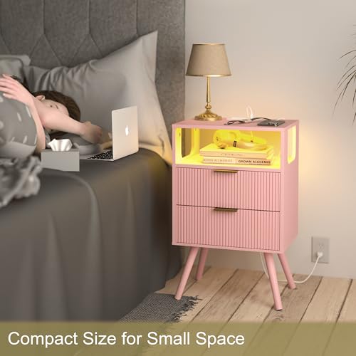 JOONEE Pink Nightstand with Charging Station and LED Lights,Modern Bedside Table with 2 Storage Drawer and Open Wood Shelf, for Bedroom and Small Spaces,Night Stand with Solid Wood Legs,Pink - color: Pink