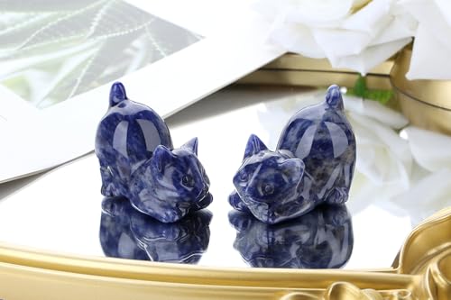 2" Blue Sodalite Cat Crystal Statue Carved Healing Stone Natural Figurines for Gemstones Home Room Decor Carved Handcrafted Cute Statue Lazy Sculpture Kitten Gifts for Cat Lovers Women - color: Blue-sodalite