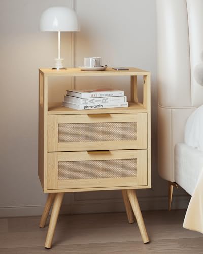 JOONEE Rattan Nightstand,Farmhouse Bedside Table with 2 Storage Drawer and Open Wood Shelf, for Bedroom and Small Spaces,Night Stand with Solid Wood Legs (Yellow Oak) - color: Yellow Oak