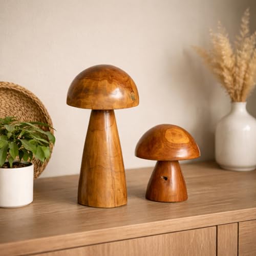 Solid Teak Wood Mushroom Decor, Handmade Wooden Sculpture Rustic Boho Tabletop Accent, Natural Wood Grain Home Decoration Figurine for Living Room, Shelf, Coffee Table Indoor Decor