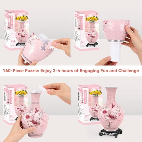 3D Puzzles Vase for Adults, Crafts for Adults, 164 Pieces Plastic DIY Unique Flower Vase with LED Light House Warming Gift Birthday Gifts for Flower Arrangements and Home Decor (Pink) - color: Pink 2