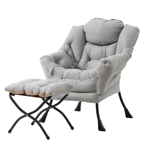 Tiita Lazy Chair with Ottoman, Light Grey Modern Large Accent Chair, Comfy Leisure Sofa Armchair with Ottoman, Reading Chair with Footrest for Bedroom, Living Room, Dorm Rooms, Peach Light Grey - color: Peach Skin Light Grey