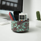 lizimandu Round Leather Art Supply Organizer,Remote Control Holder,360 Degree Rotating,Multi-Functional Pencil Holder,4 Compartments Desktop Stationary Organizer(1-Green Flower) - color: 1-Green Flower