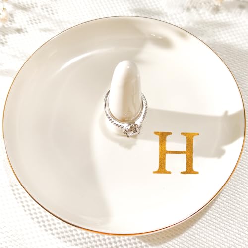 Ceramic Initials Jewelry Tray Ring Dish With Personalized H-Monogrammed Engagement Wedding Gifts, for Birthday Mother's Day for Women, Ceramic White 4.7" x2.4" - style: H