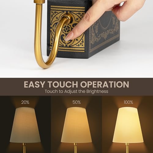 AELS Vintage Bookshelf Lamp with Bulb, Cordless Touch Dimmable Table Lamp with Linen Fabric Shade, Battery Operated, Modern Farmhouse, Book Sconce for Office Home Bedroom, Tree of Life Black & Gold - color: Tree of Life Black, size: Rechargeable Model