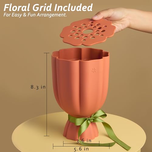 Bouquet Vase for Lego & Crafted Flowers - Flower Arrangement Vase with Floral Grid & Ribbons, Impact Resistant, BPA-Free ABS Plastic, Home Decor Gift for Lego & Flower Lovers (Terracotta Orange)