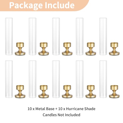 NUPTIO Hurricane Glass Candle Holder: Set of 10 Metal Taper Candle Holders with Sleeves - Gold Candlestick Holders Bulk for Outdoor Party Wedding Table Centerpiece Decoration - size: 10 Pcs