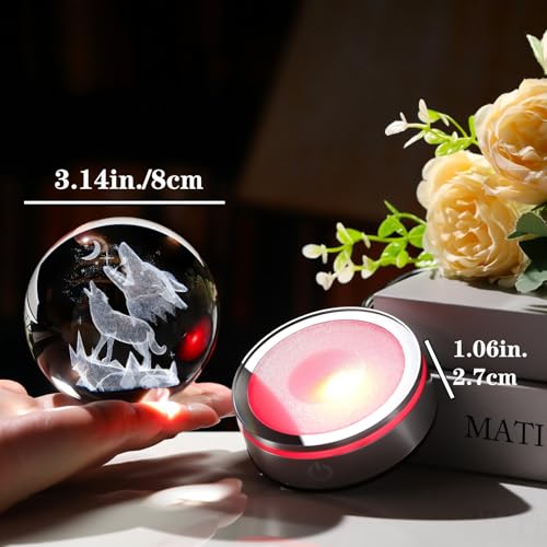 Arikyrist 3.15in. 3D Wolf Crystal Ball Gifts for Women Men, K9 Crystal Decorative Ball Engraved Wolf Figurine Paperweight with LED Light Base for Home Office Decoration for Birthday Christmas - color: Wolf