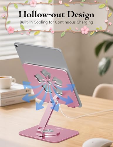 Rotating Tablet Stand for Desk-Aluminum Office Desk Accessories for Women Moms iPad Gifts Home Office Portable Monitor Stand for iPad, Compatible with iPad Pro, Air, Mini, Kindle, 4–12.9",Pink - color: Pink