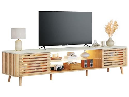 HUAHUU 70" TV Stand for 55/65/75 Inch TV, Faux Marble Top Entertainment Center with Slatied Sliding Door & LED Lights, Mid Century Modern Style, Low TV Console with Glass Shelves for Bedroom