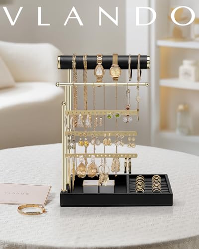 VLANDO Jewelry Stand Organizer with Ring Holder, Jewelry Holder Organizer with Tray, Necklace Holder Bracket Holder Earring Holder - Black - color: Black