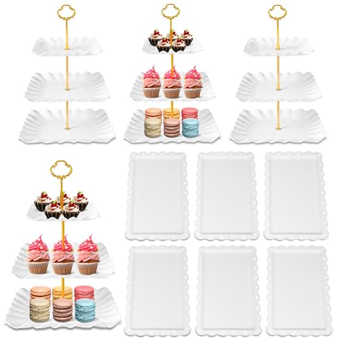 10 Pack Dessert Table Display Set - 4 x Three-Tier Square Cupcake Stands and 6 x Serving Trays, Elegant Tableware for Cakes, Cupcakes, Pastries, and Snacks, Perfect for Parties (White) - color: White