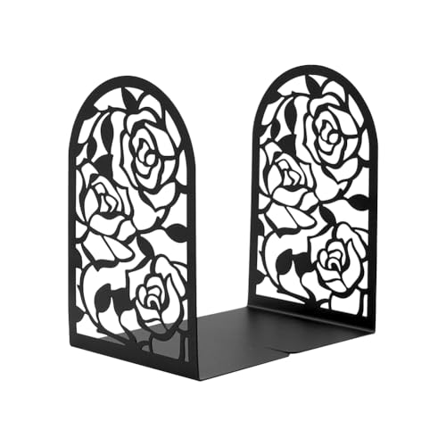 Elegant Rose Bookends Hollow-Out Rose Flower Book Ends Shelves Organizer Metal Book Stands Journal Book Holder Reading Room Decorative Bookends Library Book Stoppers for Office Home School (Black) - color: Black