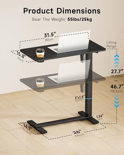 BIZUM Small Electric Standing Desk Bedside Table with Hidden Wheels 31.5 x 15.8 Inch Adjustable Computer Laptop Office Desk, Black - color: Black