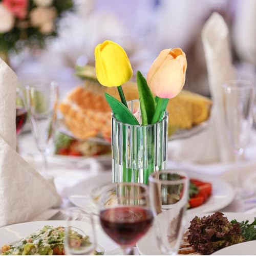 12 Pcs Plastic Small Cylinder Vases for Centerpieces Wedding Decoration, Clear Ribbed Bud Flower Vases Bulk for Wedding Bridal Shower Birthday Living Room Table Decor (5.5 Inch,Cylinder) - size: 5.5 Inch