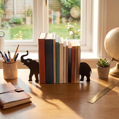 Geelin Elephant Metal Bookends Set of 2 Styles Book Ends for Shelves Bookshelf Home Office Desk Bookshelf Decor Gift for Elephant Lovers and Reading Enthusiasts - style: Elephant