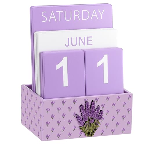 AceOrbit Purple Lavender Wood Block Perpetual Calendar Coquettish Desk Decor Cute Month Week Date Display Decorative Block Calendar for Women Office Home Desk Gift for Women - style: Purple Lavender