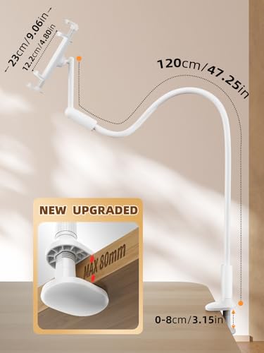 SAIJI Gooseneck Tablet Holder for Bed, One-Hand Adjustable, 47" Length, Upgraded Base, iPad Holder Stand Flexible Lazy Arm, Compatible with iPad/iPhone/Kindle/Switch or Other 4.7-13" Device (White) - color: Light White