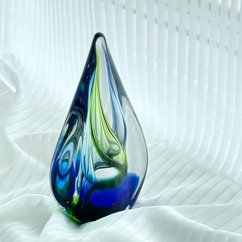 Yao Yuan Hand Blown Glass Sculpture Decor, Paperweight for Office Desk, Modern Glass Art Figurines Mediterranean Beach House Decor, Living Room Coffee Shelves Table Top Decoration - color: Green Blue