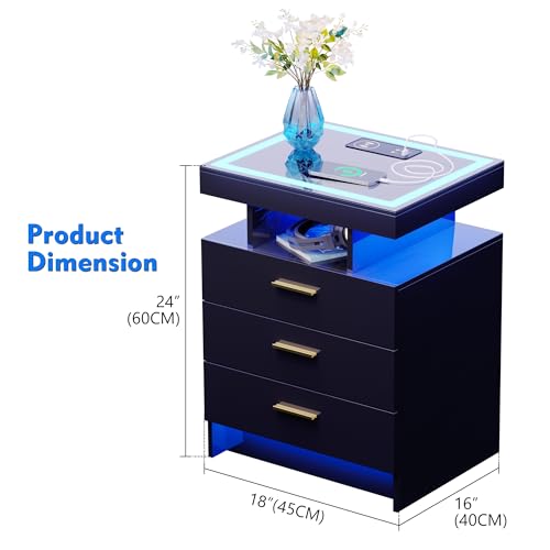 Lvifur 2 Set Nightstands with Wireless Charging Station for Bedroom, Auto Sensor 3 Color Dimmable LED End Table, Modern Bedside Table with 3 Drawers & 3 Open Compartments (2 x Black) - color: Black X2 3 Drawers-glass Top