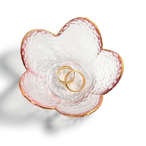 Pink Flower Jewelry Trinket Dish, Glass Ring Holder Tray, Small Trinket Bowl Gifts for Women - color: golden-edged pink