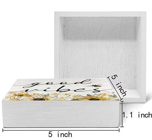 SRADMO Inspirational Bee and Sunflower Decor Wood Box Sign Desk Decor, Summer Rustic Wooden Block Box Sign Decoration For Home Office Shelf Table Decorative Accessories - color: Yellow flower, size: 5″×5″