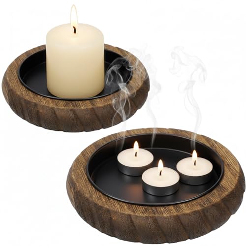 Rustic Wooden Candle Holders | 2-Pack Distressed Vintage Pillar Candle Plates with Fire-Resistant Metal Insert | Shabby Chic Farmhouse Decor for Wedding & Dining Table (Black) - color: Black