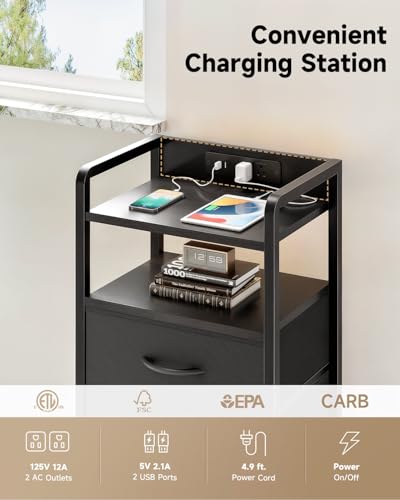 Lazzanto Night Stand Bedside Charger Bedroom - Nightstand with Charging Station & LED Light Strip, Night Stand with Storage Shelf & 2 Fabric Drawers, Morden End Table with U-S-B Ports & AC Outlets - color: Black, size: 2 Drawers
