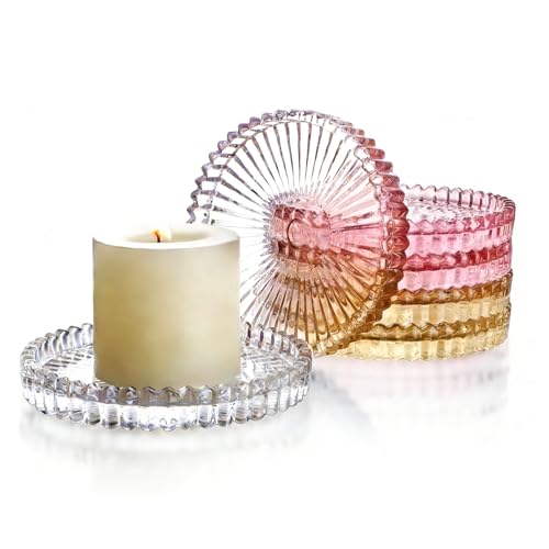 6 Pack Glass Pillar Candle Holder Set，4 Inch Round Candle Plates in Clear Pink Amber, Multi-Color Serrated Edge Display Stand for Wedding Party Table Centerpiece Decor