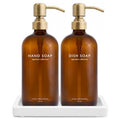 Vine Creations Amber Glass Soap Dispenser Set, Kitchen Soap Dispenser Set with Ceramic Tray, 16 oz Dish Soap and Hand Soap Dispensers with Stainless Steel Pump Decor (Amber Bottle/Brushed Brass) - color: Amber Bottle / Brushed Brass Pump